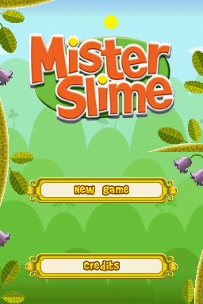 Mister Slime for Nintendo DS, title screen for a puzzle platformer video game with stretchy physics-based gameplay, obstacle navigation, and stylus-controlled challenges