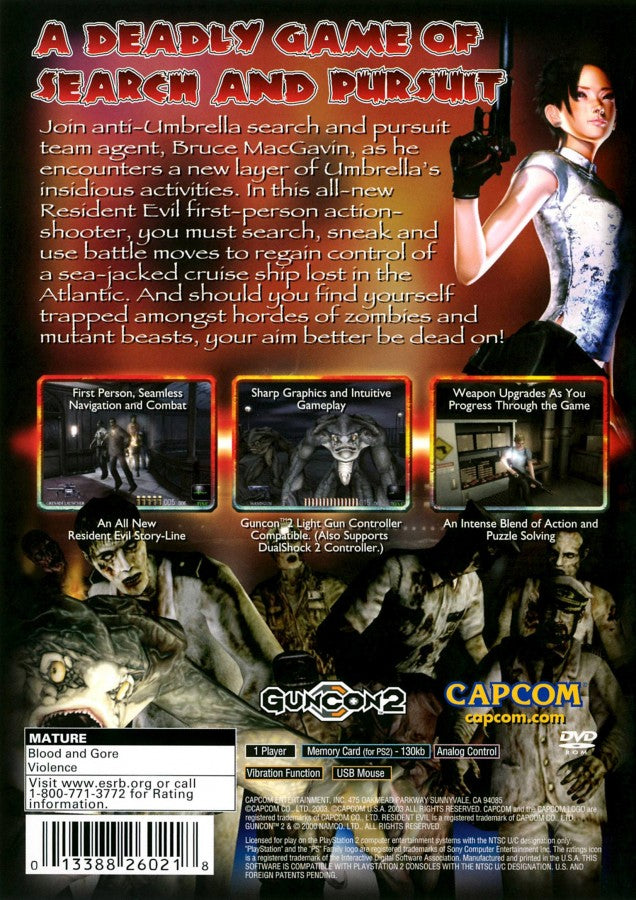 Resident Evil Dead Aim PS2 PlayStation 2 survival horror light gun shooter third person action zombie horror Umbrella Corporation biohazard gameplay retro video game back of case