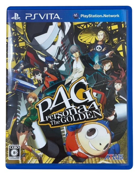 Persona 4 Golden Japanese import release for the PlayStation Vita featuring turn based RPG gameplay with social simulation elements dungeon crawling character relationships and an expanded story set in the town of Inaba front cover 