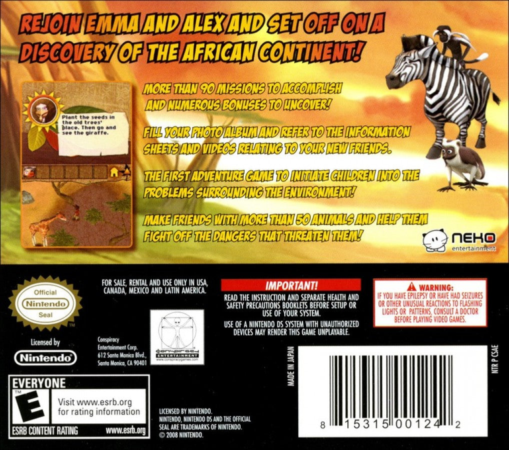 Safari Adventures: Africa back of case for Nintendo DS (DS) educational adventure video game