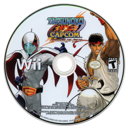 Retro Tatsunoko vs Capcom Wii inspired design featuring crossover anime fighting game aesthetic classic arcade style combat Capcom heroes versus Tatsunoko characters fast paced tag battles cel shaded visuals nostalgic Nintendo Wii action presentation disc