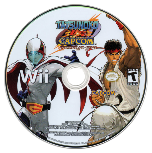 Retro Tatsunoko vs Capcom Wii inspired design featuring crossover anime fighting game aesthetic classic arcade style combat Capcom heroes versus Tatsunoko characters fast paced tag battles cel shaded visuals nostalgic Nintendo Wii action presentation disc