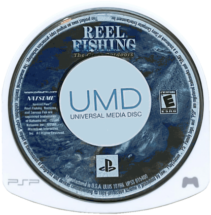 Reel Fishing The Great Outdoors PlayStation Portable PSP inspired design featuring relaxing fishing simulation aesthetic tranquil natural environments realistic angling mechanics variety of fish species outdoor exploration gameplay and portable casual sports experience presentation UMD