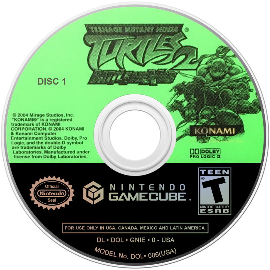 Teenage Mutant Ninja Turtles 2 Battle Nexus GameCube GC video game, action beat ’em up, cartoon-based gameplay, multiplayer, family-friendly, Nintendo GameCube title disc art