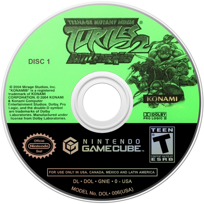 Teenage Mutant Ninja Turtles 2 Battle Nexus GameCube GC video game, action beat ’em up, cartoon-based gameplay, multiplayer, family-friendly, Nintendo GameCube title disc art