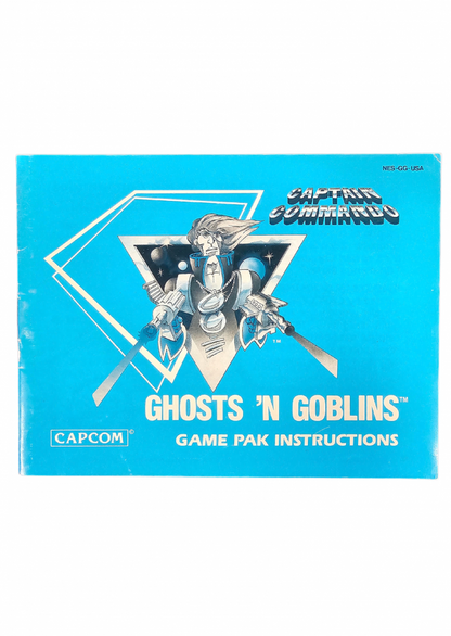 Ghosts n Goblins Nintendo Entertainment System NES video game featuring action platforming gameplay Arthur knight adventure monster battles haunted environments weapon attacks challenging levels boss fights and classic 8 bit Nintendo gameplay retro video game collection collectible gaming appeal insert