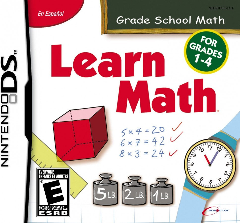 Learn Math for Grades 1-4 Nintendo DS DS educational video game featuring interactive math lessons addition subtraction multiplication division fractions problem solving number skills educational challenges and touchscreen learning gameplay for elementary school students collectible gaming appeal front cover art