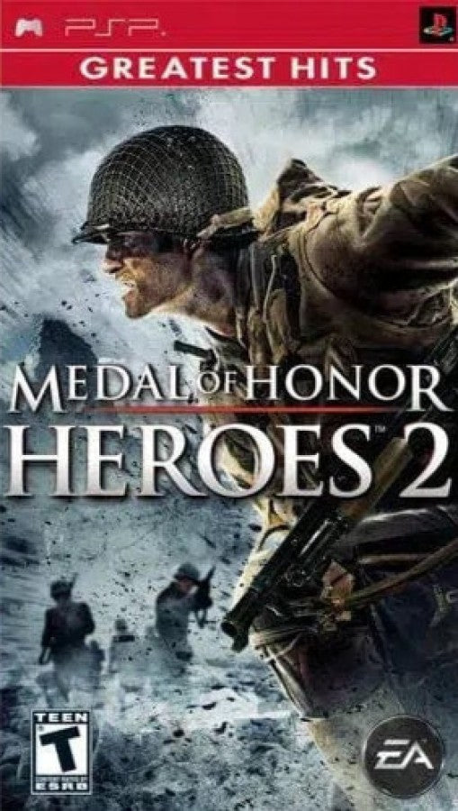 Medal of Honor Heroes 2 Greatest Hits for PlayStation Portable, cover image for a first-person shooter video game with World War II combat, mission-based gameplay, multiplayer modes, and military action
