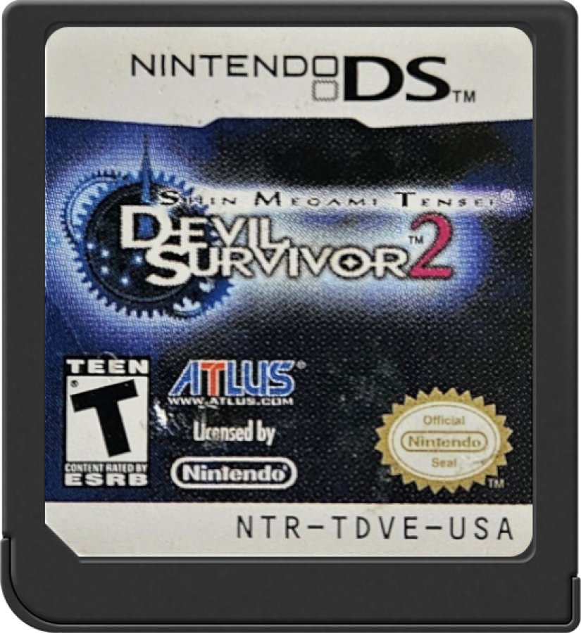 Shin Megami Tensei Devil Survivor 2 game for the Nintendo DS featuring tactical RPG gameplay with strategic grid based battles demon summoning character driven storylines and apocalyptic survival themes in modern Japan cartridge