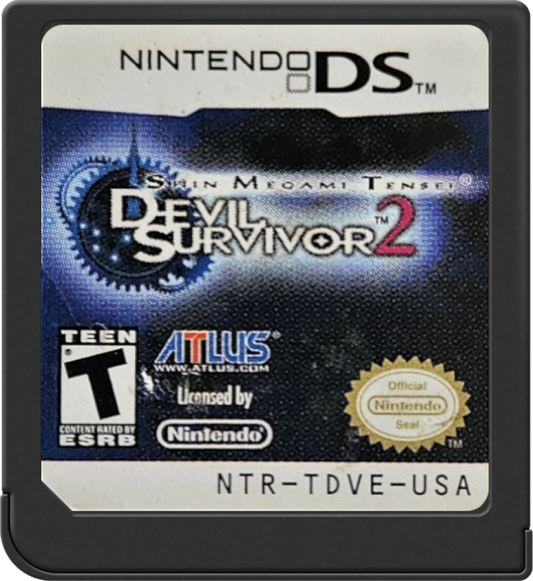Shin Megami Tensei Devil Survivor 2 game for the Nintendo DS featuring tactical RPG gameplay with strategic grid based battles demon summoning character driven storylines and apocalyptic survival themes in modern Japan cartridge