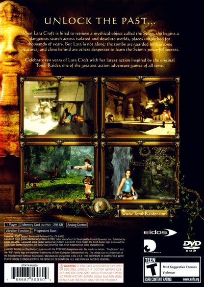 Tomb Raider Anniversary PS2 Sony PlayStation 2 action adventure game Lara Croft platforming puzzle solving exploration remake classic Tomb Raider Core Design Crystal Dynamics third person adventure PlayStation 2 software video game title back cover art