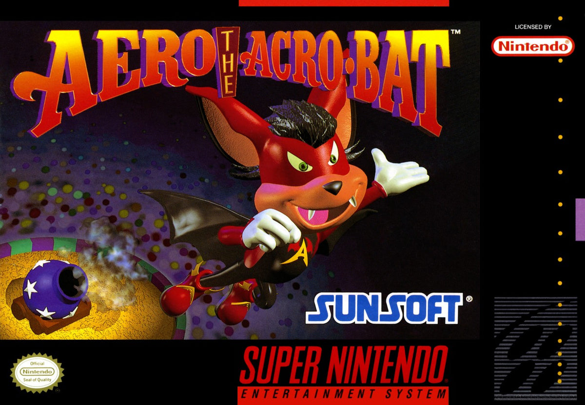 Aero the Acro-Bat Super Nintendo Entertainment System SNES video game featuring action platforming gameplay Aero acrobat character circus adventure colorful environments enemy encounters jumping challenges collectible items and classic 16 bit Nintendo gameplay retro video game collection collectible gaming appeal front cover art