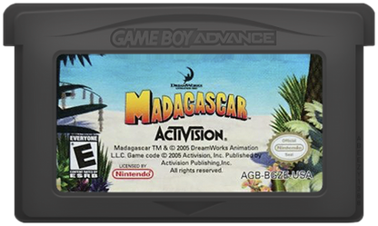 Madagascar Game Boy Advance GBA video game, action adventure platformer, animated movie tie-in, family-friendly handheld console title cartridge art