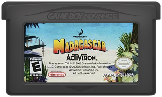 Madagascar Game Boy Advance GBA video game, action adventure platformer, animated movie tie-in, family-friendly handheld console title cartridge art