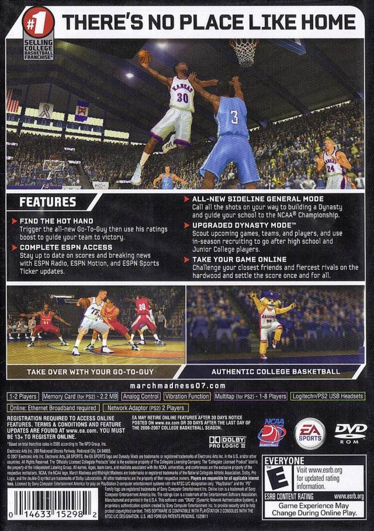 NCAA March Madness 07 for the PlayStation 2 featuring college basketball gameplay with realistic team rosters tournament mode dynasty style progression and fast paced NCAA style court action back cover art