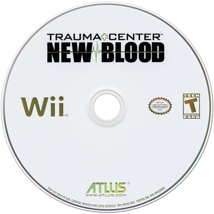 Trauma Center: New Blood disc art for Nintendo Wii (Wii) featuring motion‑controlled surgical gameplay, cooperative operations, and a dramatic story of medical challenges.