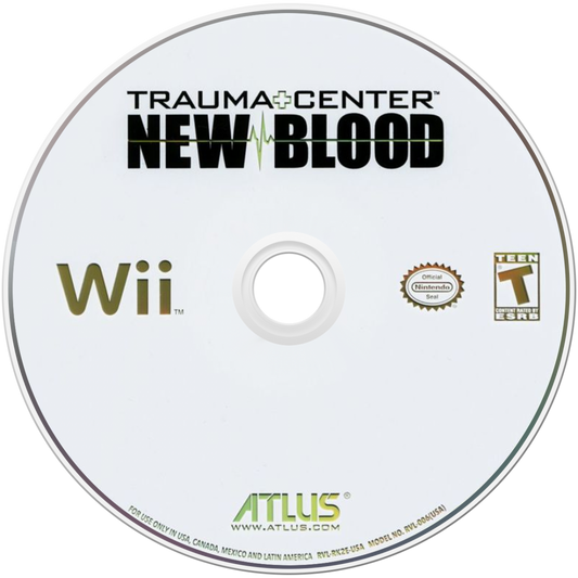 Trauma Center: New Blood disc art for Nintendo Wii (Wii) featuring motion‑controlled surgical gameplay, cooperative operations, and a dramatic story of medical challenges.