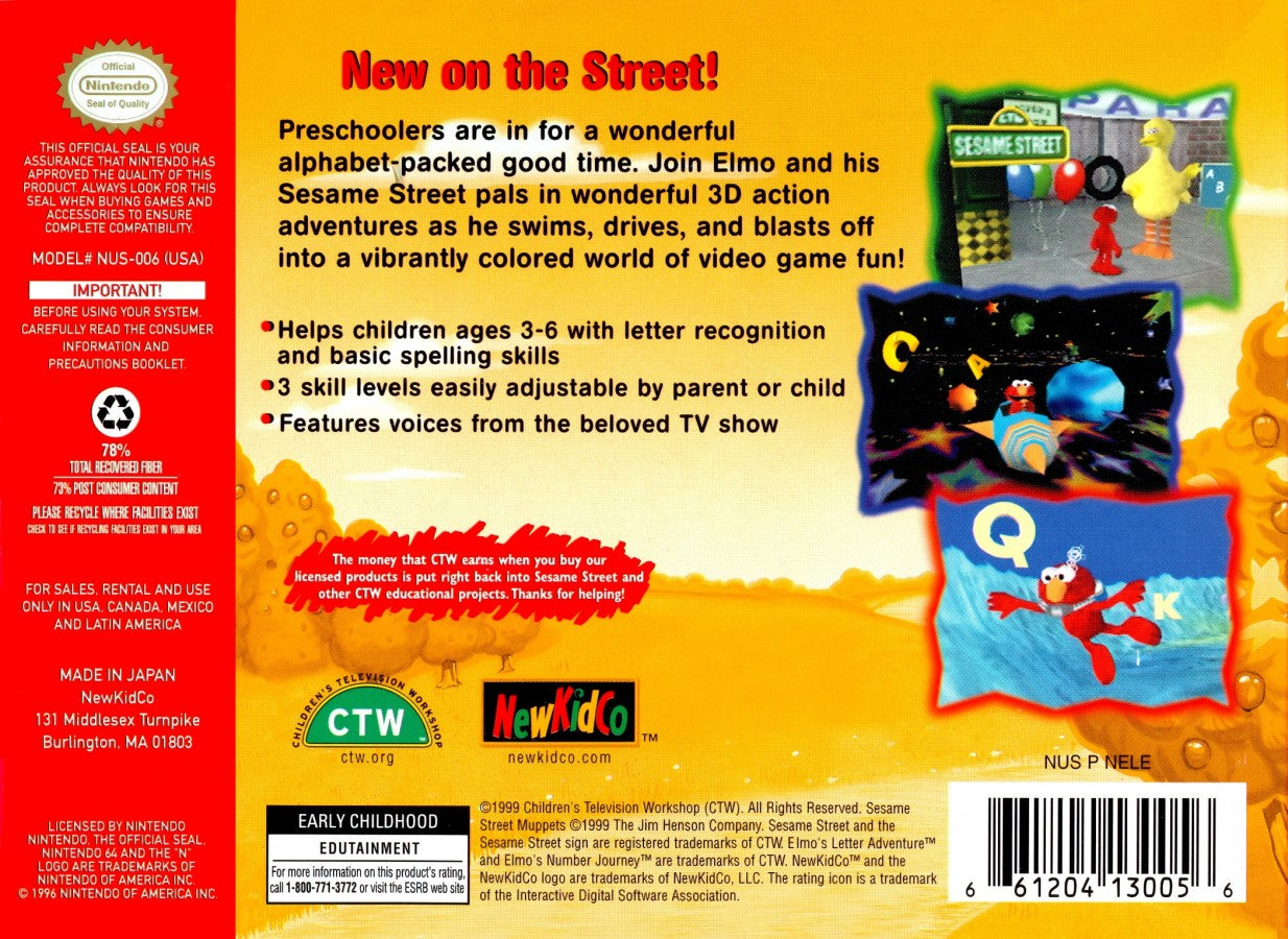 Elmo's Letter Adventure for Nintendo 64 educational platformer game featuring Sesame Street characters letter learning phonics activities children family gameplay back cover
