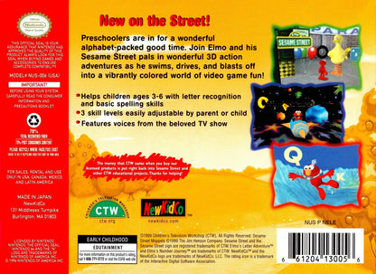Elmo's Letter Adventure for Nintendo 64 educational platformer game featuring Sesame Street characters letter learning phonics activities children family gameplay back cover
