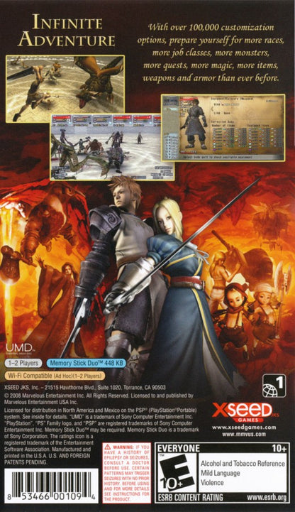 Valhalla Knights 2 PlayStation Portable PSP for role playing video game fans featuring fantasy world exploration real time combat character customization multiple playable classes dungeon crawling monster battles equipment upgrades immersive RPG adventure collectible gaming appeal back cover art