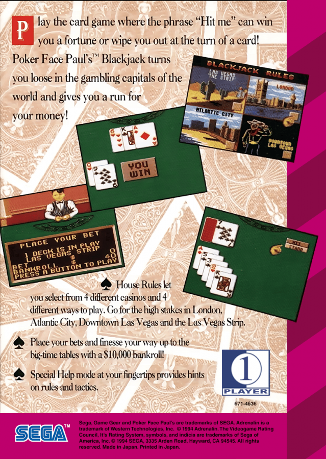 Poker Face Paul's Blackjack back cover art for Sega Game Gear (GG) video game