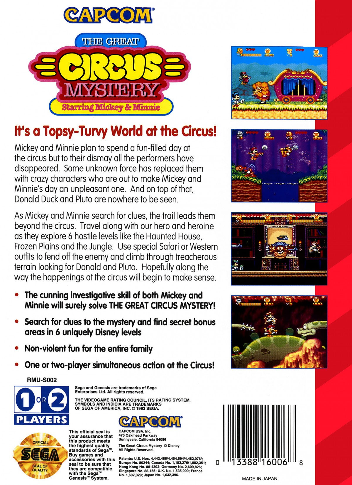 The Great Circus Mystery Starring Mickey and Minnie for Sega Genesis side scrolling platformer game featuring Mickey Mouse and Minnie Mouse circus themed levels cooperative gameplay classic Disney adventure back cover