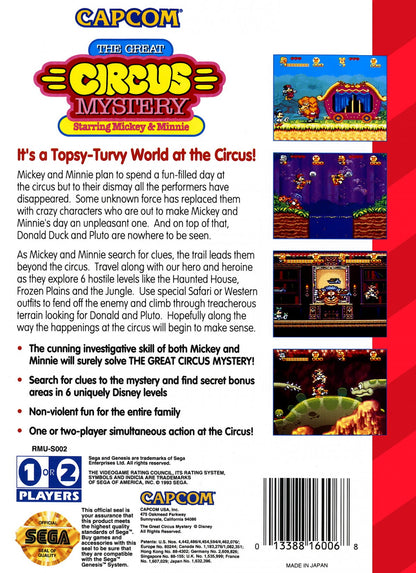 The Great Circus Mystery Starring Mickey and Minnie for Sega Genesis side scrolling platformer game featuring Mickey Mouse and Minnie Mouse circus themed levels cooperative gameplay classic Disney adventure back cover