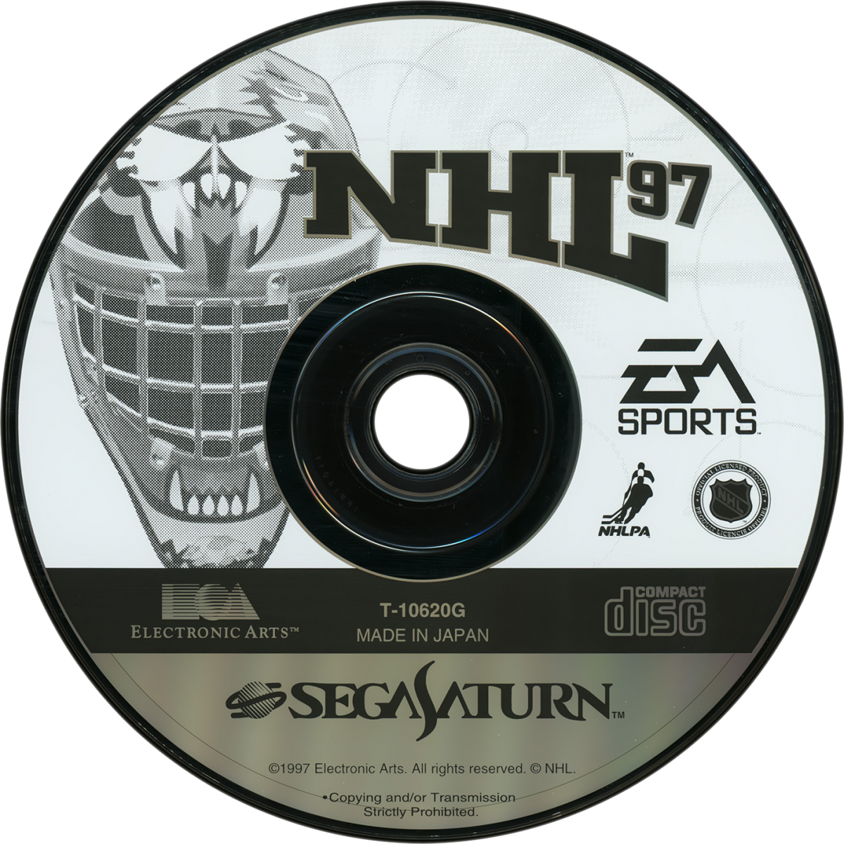 NHL 97 Sega Saturn for hockey sports video game fans featuring official NHL teams and players fast paced on ice gameplay season and exhibition modes realistic hockey action multiplayer competition classic EA Sports presentation retro Sega Saturn gaming collectible appeal game disc