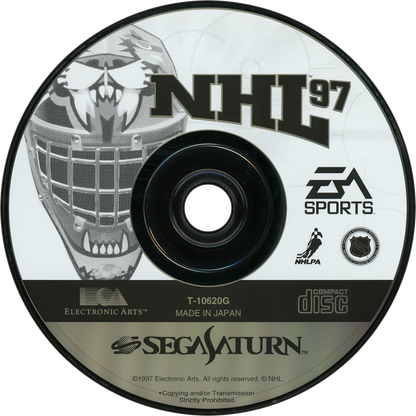 NHL 97 Sega Saturn for hockey sports video game fans featuring official NHL teams and players fast paced on ice gameplay season and exhibition modes realistic hockey action multiplayer competition classic EA Sports presentation retro Sega Saturn gaming collectible appeal game disc