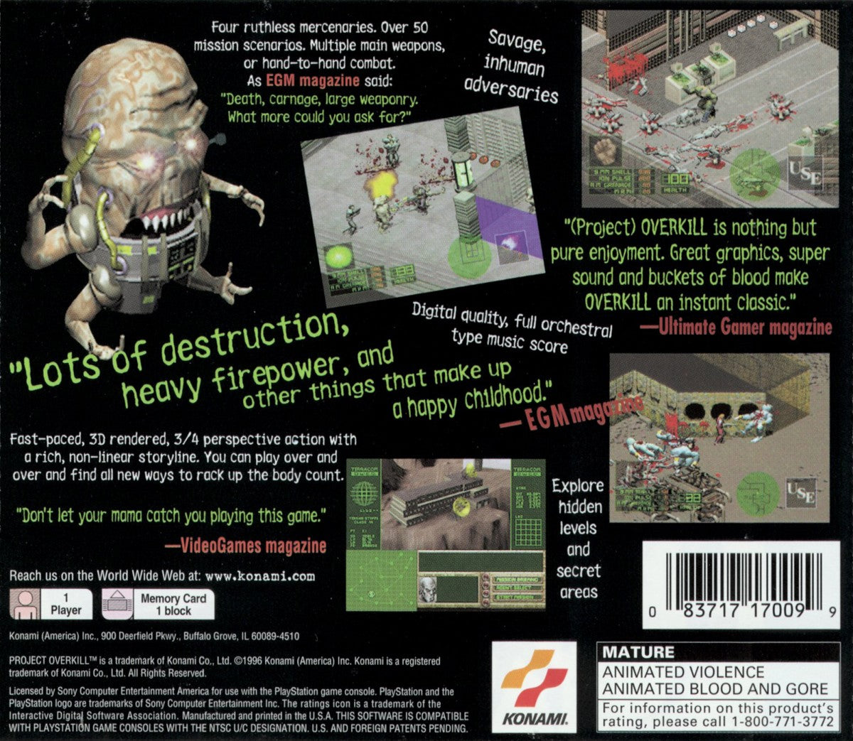 Project Overkill retro action run and gun shooter game for PlayStation 1 (PS1) back of case