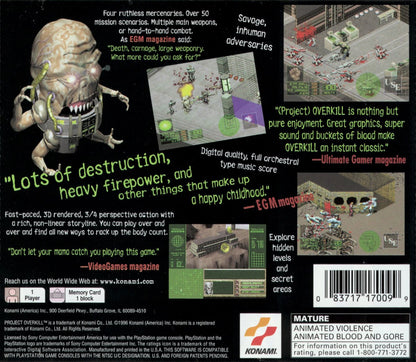 Project Overkill retro action run and gun shooter game for PlayStation 1 (PS1) back of case