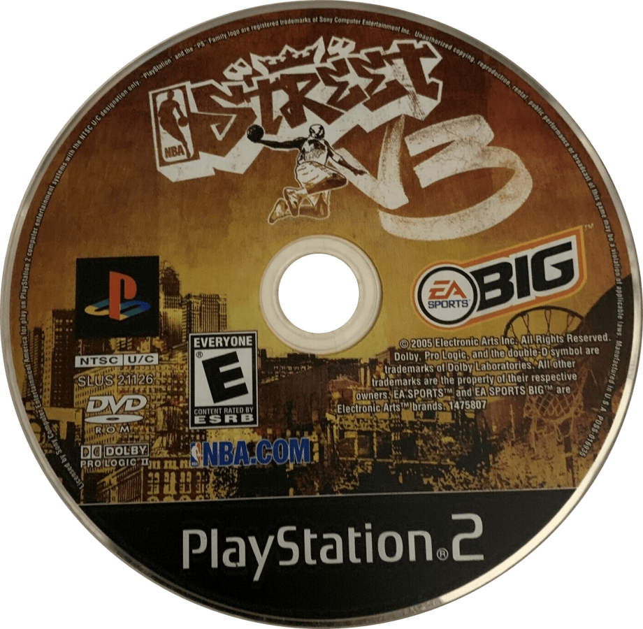 Retro NBA Street Vol 3 PS2 inspired design featuring arcade basketball action aesthetic vintage PlayStation 2 streetball legends exaggerated dunks urban courts fast paced multiplayer gameplay hip hop culture energy nostalgic sports gaming presentation - disc