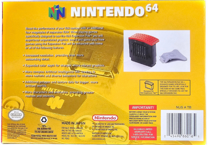 Expansion Pak CIB Nintendo 64 N64 accessory featuring memory expansion hardware for Nintendo 64 console increased system memory enhanced game performance compatible Nintendo 64 games complete in box retro video game accessory N64 collection collectible gaming hardware appeal back box art