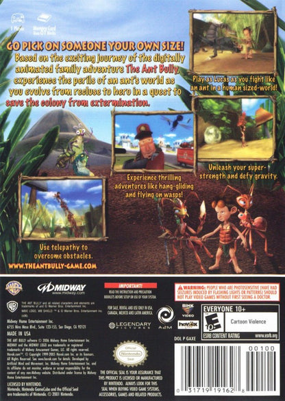 Back cover for The Ant Bully GameCube game featuring family-friendly action adventure gameplay based on the animated film