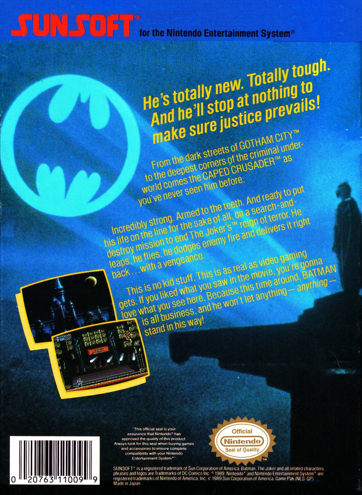 Batman The Video Game game for the Nintendo Entertainment System featuring side scrolling action platformer gameplay with wall jumping mechanics projectile weapons and challenging levels as Batman battles enemies across Gotham City inspired by the 1989 film back cover art