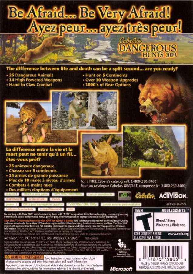 Cabela's Dangerous Hunts 2009 Xbox 360 for retro video game enthusiasts featuring first person hunting gameplay dangerous wildlife encounters tracking mechanics outdoor survival elements realistic environments challenging hunting missions and collectible gaming appeal back cover