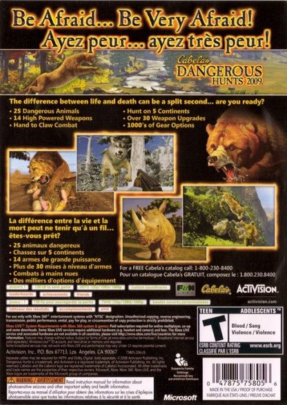 Cabela's Dangerous Hunts 2009 Xbox 360 for retro video game enthusiasts featuring first person hunting gameplay dangerous wildlife encounters tracking mechanics outdoor survival elements realistic environments challenging hunting missions and collectible gaming appeal back cover