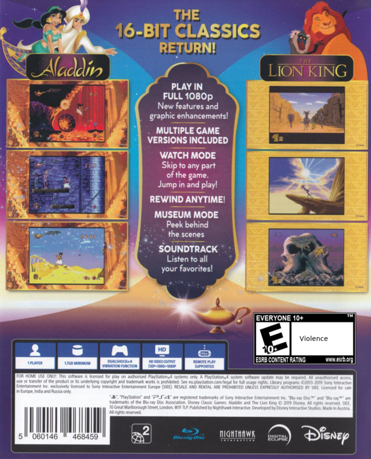 Disney Classic Games Aladdin and The Lion King PlayStation 4 PS4 retro game compilation bundle featuring 16-bit platformers definitive editions and bonus content back cover