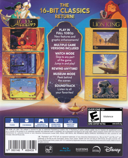 Disney Classic Games Aladdin and The Lion King PlayStation 4 PS4 retro game compilation bundle featuring 16-bit platformers definitive editions and bonus content back cover