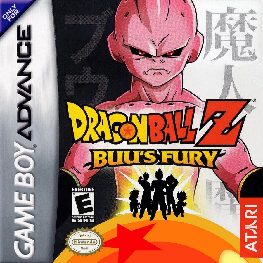 Dragon Ball Z Buu’s Fury Game Boy Advance cover art for retro video game featuring action RPG gameplay, fast paced martial arts combat, iconic Dragon Ball Z characters, story based progression through the Buu saga, special attacks and transformations, and portable handheld fighting adventure on GBA system