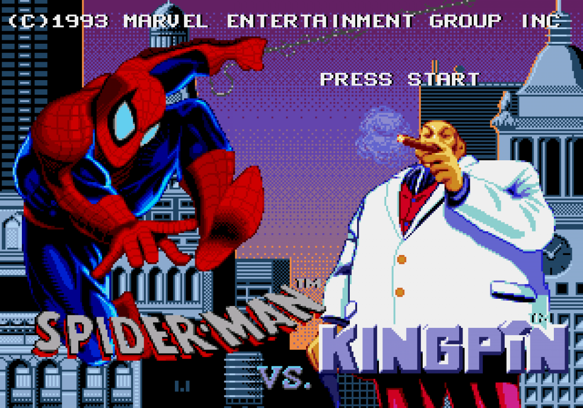 Spider-Man vs The Kingpin Sega CD action platformer comic book superhero game Marvel Spider-Man side scrolling combat web swinging boss battles Green Goblin Doctor Doom storyline enhanced CD audio cutscenes retro gaming Sega CD software video game title gameplay