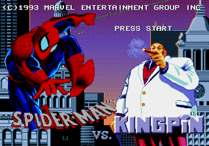 Spider-Man vs The Kingpin Sega CD action platformer comic book superhero game Marvel Spider-Man side scrolling combat web swinging boss battles Green Goblin Doctor Doom storyline enhanced CD audio cutscenes retro gaming Sega CD software video game title gameplay