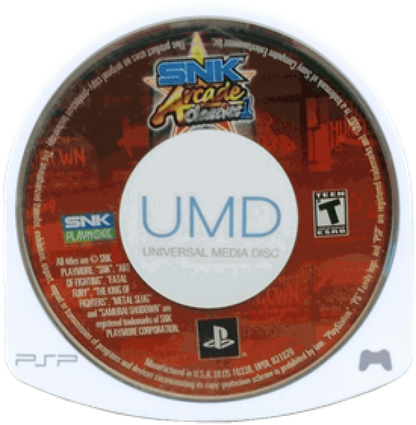 SNK Arcade Classics Volume 1 PlayStation Portable PSP inspired design featuring classic arcade game compilation aesthetic iconic SNK fighting and action titles including retro arcade gameplay collection Metal Slug King of Fighters Samurai Shodown Fatal Fury puzzle and shooter classics portable handheld gaming anthology presentation UMD