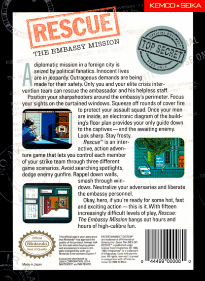 Rescue: The Embassy Mission advert for Nintendo Entertainment System (NES) retro video game