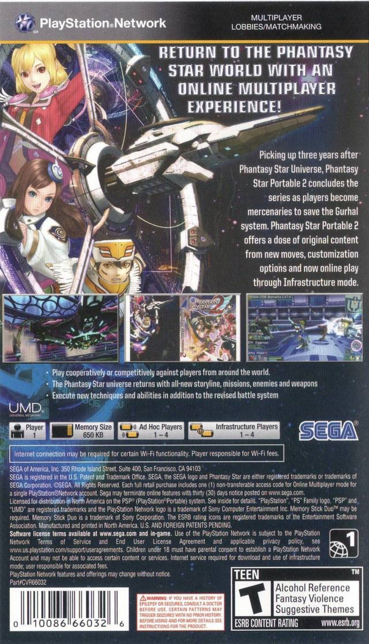 Phantasy Star Portable 2 PlayStation Portable PSP for retro video game enthusiasts featuring sci fi action role playing gameplay cooperative multiplayer missions real time combat character customization futuristic world exploration loot collection systems and collectible gaming appeal back cover art