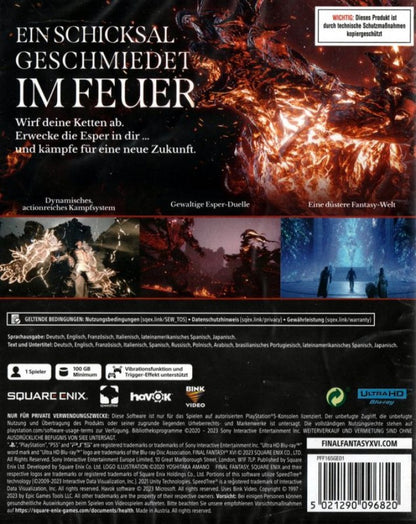 Final Fantasy XVI Deluxe Edition for PlayStation 5 action RPG featuring epic fantasy storyline real time combat Eikon battles and bonus collectible content back cover