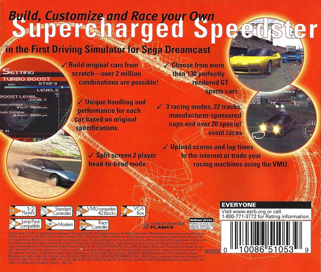 Sega GT game for the Sega Dreamcast featuring realistic racing simulation gameplay with licensed inspired vehicles career mode progression and tuning options focused on driving skill and car performance across various race tracks gameplay back cover art