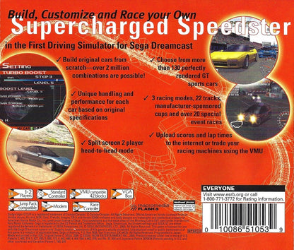 Sega GT game for the Sega Dreamcast featuring realistic racing simulation gameplay with licensed inspired vehicles career mode progression and tuning options focused on driving skill and car performance across various race tracks gameplay back cover art