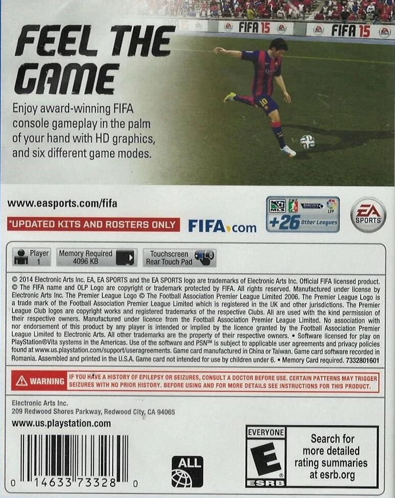 FIFA 15 PlayStation Vita PS Vita for retro video game enthusiasts featuring soccer simulation gameplay authentic clubs and national teams realistic match presentation strategic team management competitive multiplayer modes portable handheld sports action and collectible gaming appeal back art 