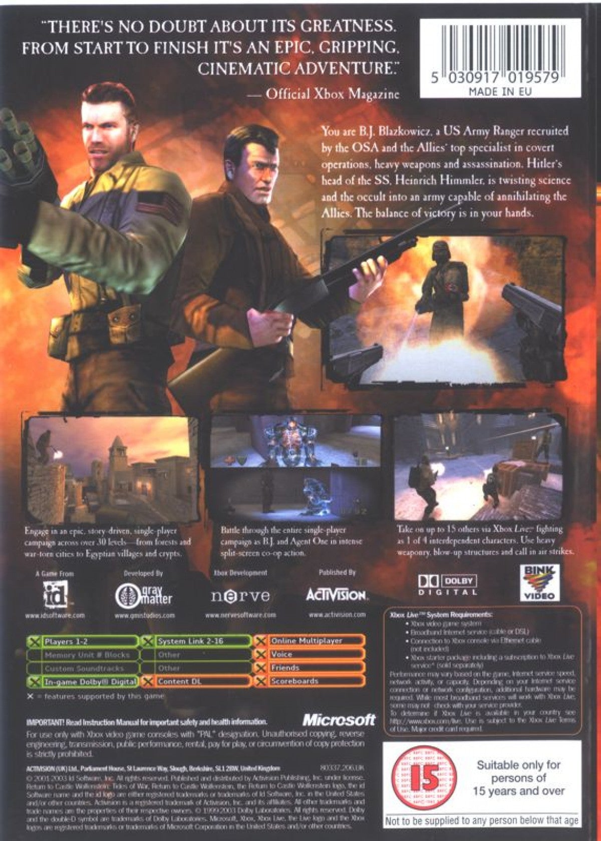 Xbox Platinum Hits Return to Castle Wolfenstein Tides of War featuring World War II action shooter back cover art